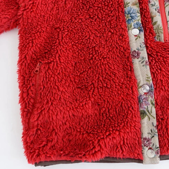 Sandy Liang Boxbox Red Fleece Snap Front Floral Patchwork  Teddy Bear Jacket M - Picture 8 of 13